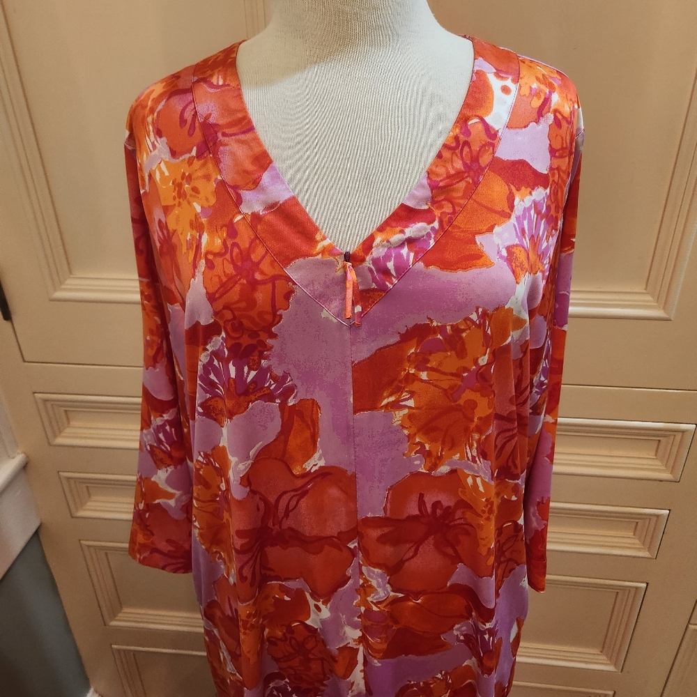 Natori Orange & Pink Full-length Sz M Caftan House Dress Gown w/ Zipper - Picture 2 of 10